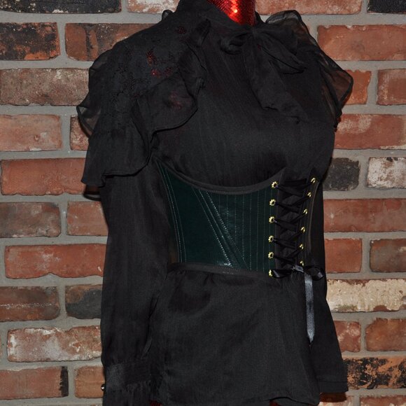 Back & Front Lace-up Corset Belt Dark Shiny Green Faux Leather W/ Boning XS - Picture 6 of 9